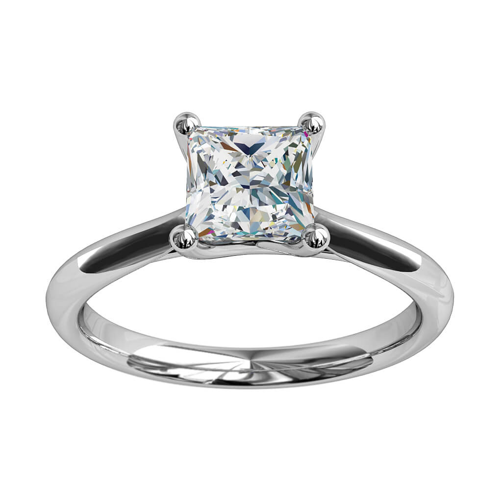 Princess Cut Solitaire Diamond Engagement Ring, 4 Button Claws and an Undersweep Setting.