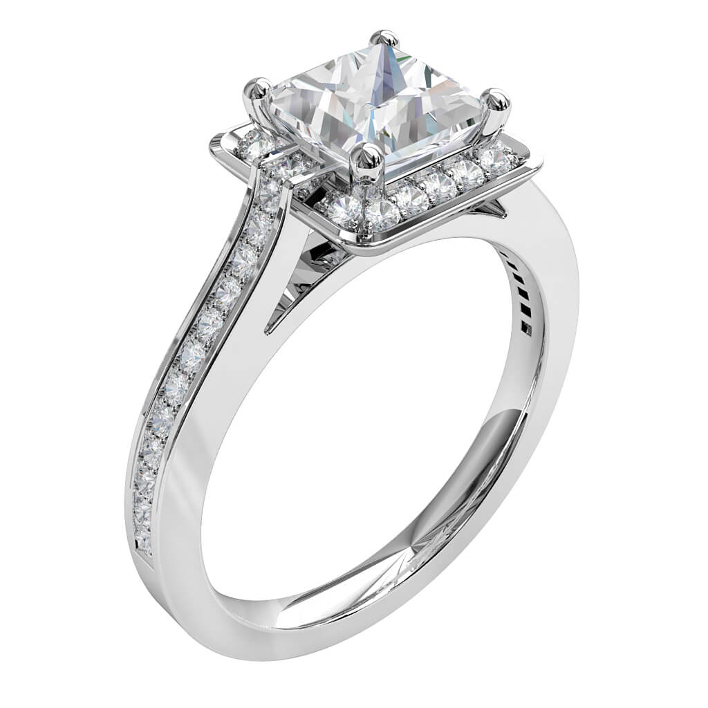 Princess Cut Halo Diamond Engagement Ring, 4 Claw Set in a Bead Set Halo and Art Deco Bead Set Band.