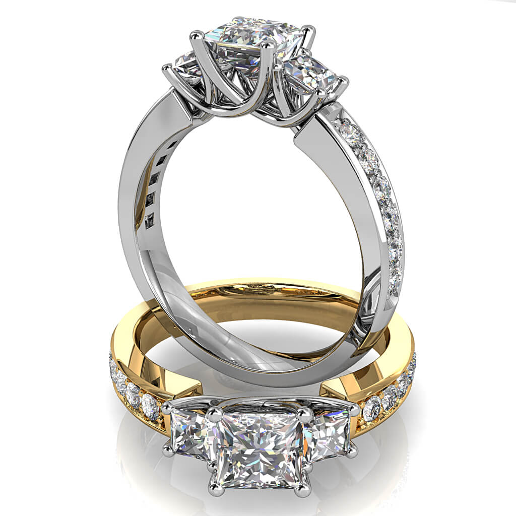 Princess Cut Trilogy Diamond Engagement Ring, on a Bead Set Band and an Undersweep Setting.