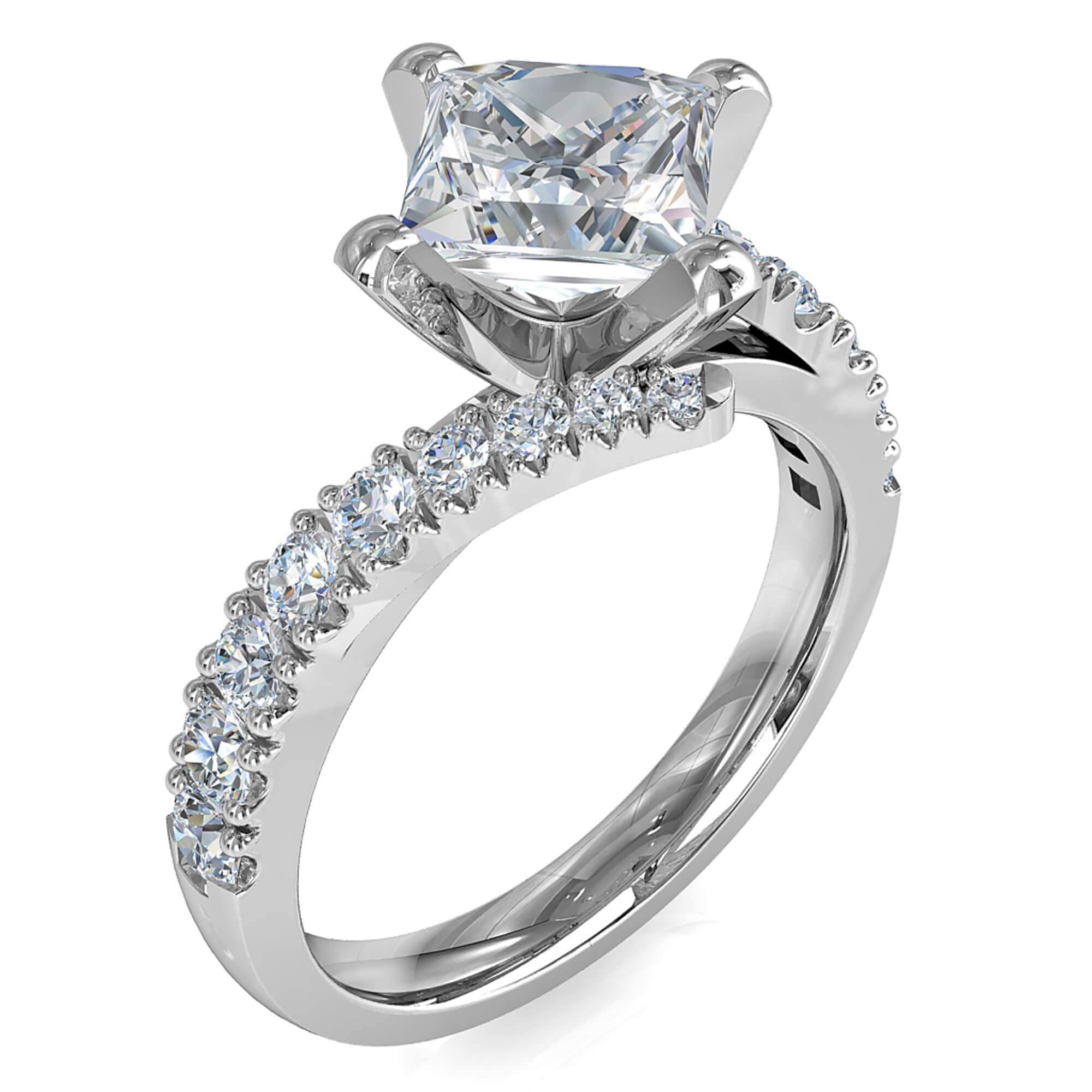 Princess Cut Solitaire Diamond Engagement Ring, 4 Square Offset Claws on a with Sweeping Cut Claw Band.