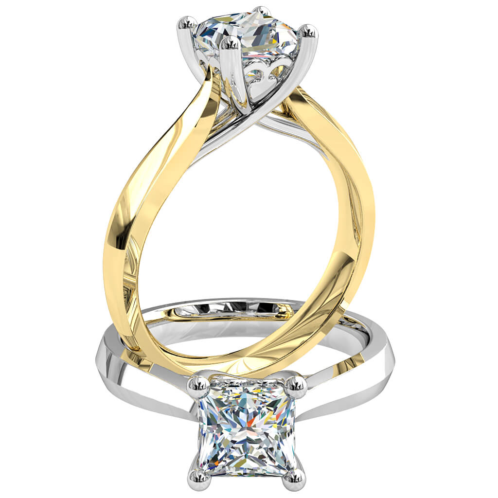 Princess Cut Solitaire Diamond Engagement Ring, 4 Claws on a Tapering Band with Side Scroll Details.