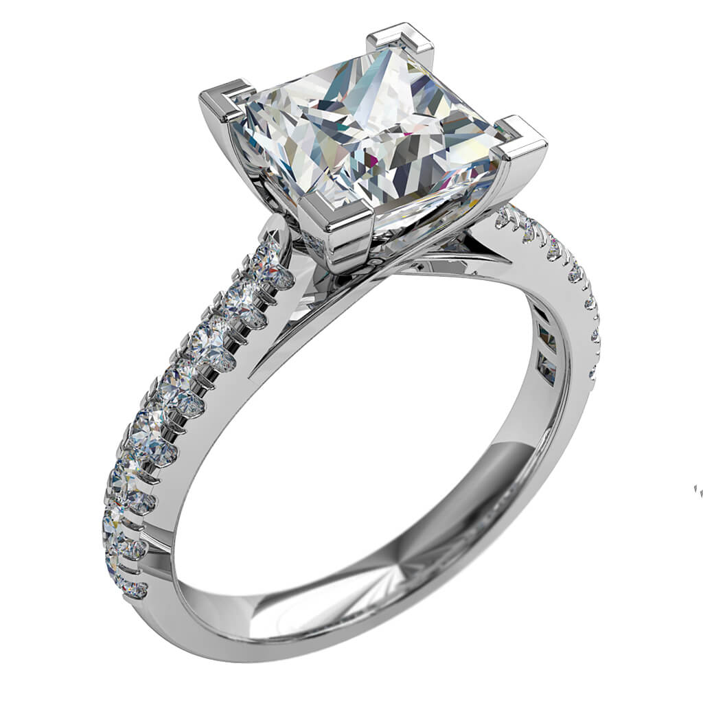 Princess Cut Solitaire Diamond Engagement Ring, 4 Corner Claws on a Tapered Cut Claw Band with an Undersweep Setting.