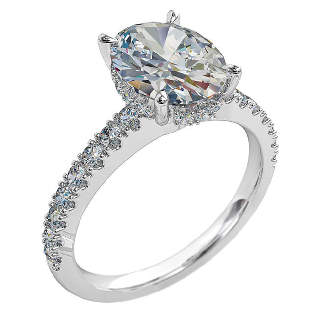 Oval Cut Solitaire Diamond Engagement Ring, 4 Claws on a Cut Claw Band, with an Invisible Halo.