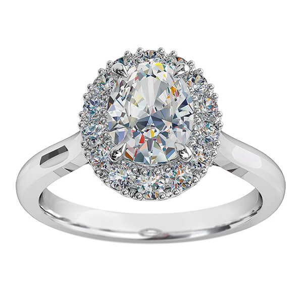 Oval Cut Diamond Engagement Ring, Cut Claw Halo and Diamond Crossover Undersetting.