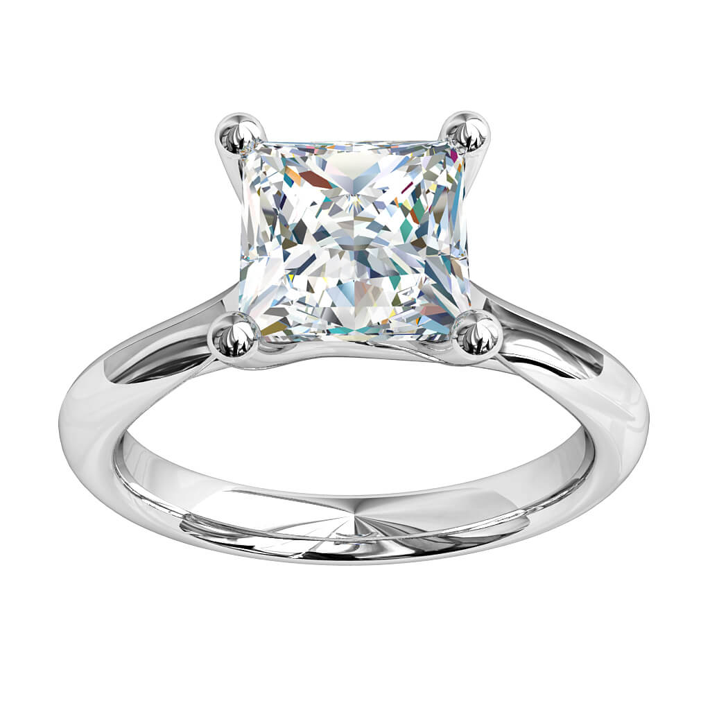 Princess Cut Solitaire Diamond Engagement Ring, 4 Button Claws with an Undersweep Setting.
