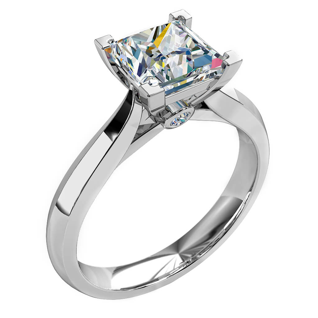 Princess Cut Solitaire Diamond Engagement Ring, 4 Corner Claws with a Hidden Diamond Undersetting.