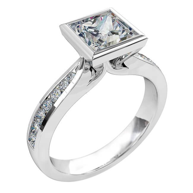 Princess Cut Solitaire Diamond Engagement Ring, Bezel Set on a Tapered Round Channel Set Band.