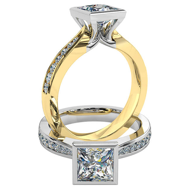 Princess Cut Solitaire Diamond Engagement Ring, Bezel Set on a Tapered Round Channel Set Band.