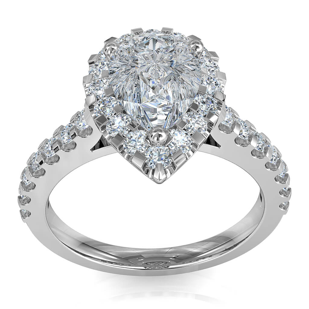 Pear Shape Halo Diamond Engagement Ring, 3 Button Claw Set in a Heavy Cut Claw Halo and Band.