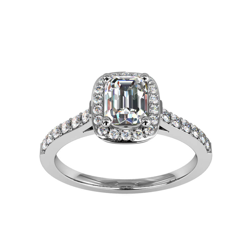 Emerald Cut Halo Diamond Engagement Ring, Open Cut Claw Rectangle Halo and Cut Claw Band.