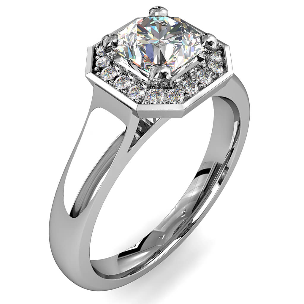 Asscher Cut Halo Diamond Engagement Ring, 4 Square Claw Set in Bead Set Asscher Shaped Halo.