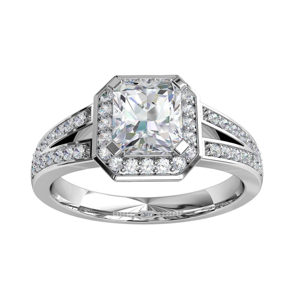Asscher Cut Halo Diamond Engagement Ring, 4 Square Claws set in an Asscher Shaped Bead Set Halo on a Split Bead Set Band.