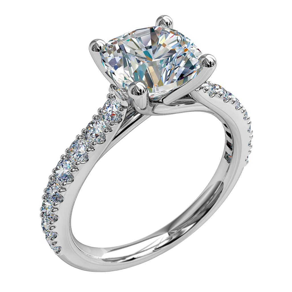 Cushion Cut Solitaire Diamond Engagement Ring, 4 Claw Set on a Cut Claw Band with an Undersweep Setting.
