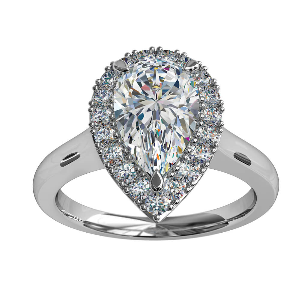 Pear Shape Halo Diamond Engagement Ring, 3 Pear Shape Claws Set in a Cut Claw Halo and a Classic Underrail Setting.