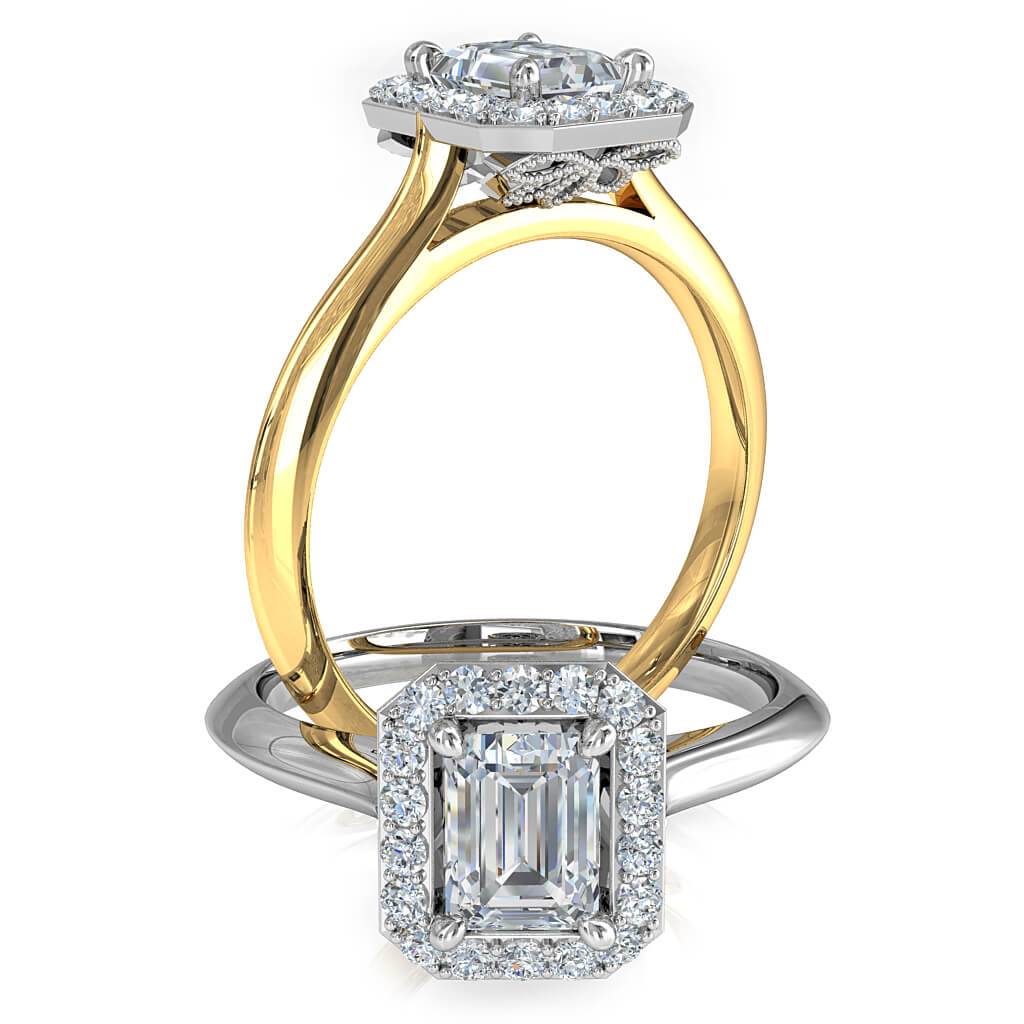 Emerald Cut Halo Diamond Engagement Ring, Cut Claw Halo on a Knife Edge Band with Miligrain Flower Undersetting.