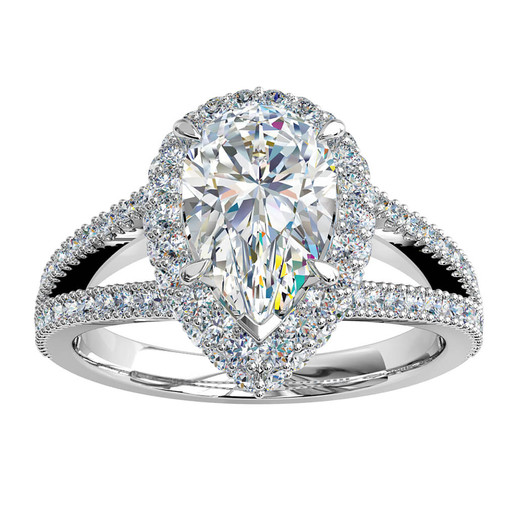 Pear Shape Trilogy Diamond Engagement Ring, 5 Claw Set in Double Cut Claw Halo on a Split Cut Claw Band.