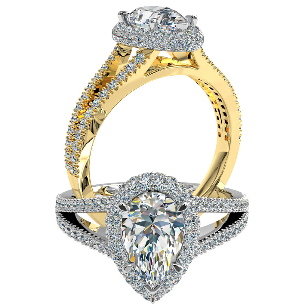 Pear Shape Trilogy Diamond Engagement Ring, 5 Claw Set in Double Cut Claw Halo on a Split Cut Claw Band.