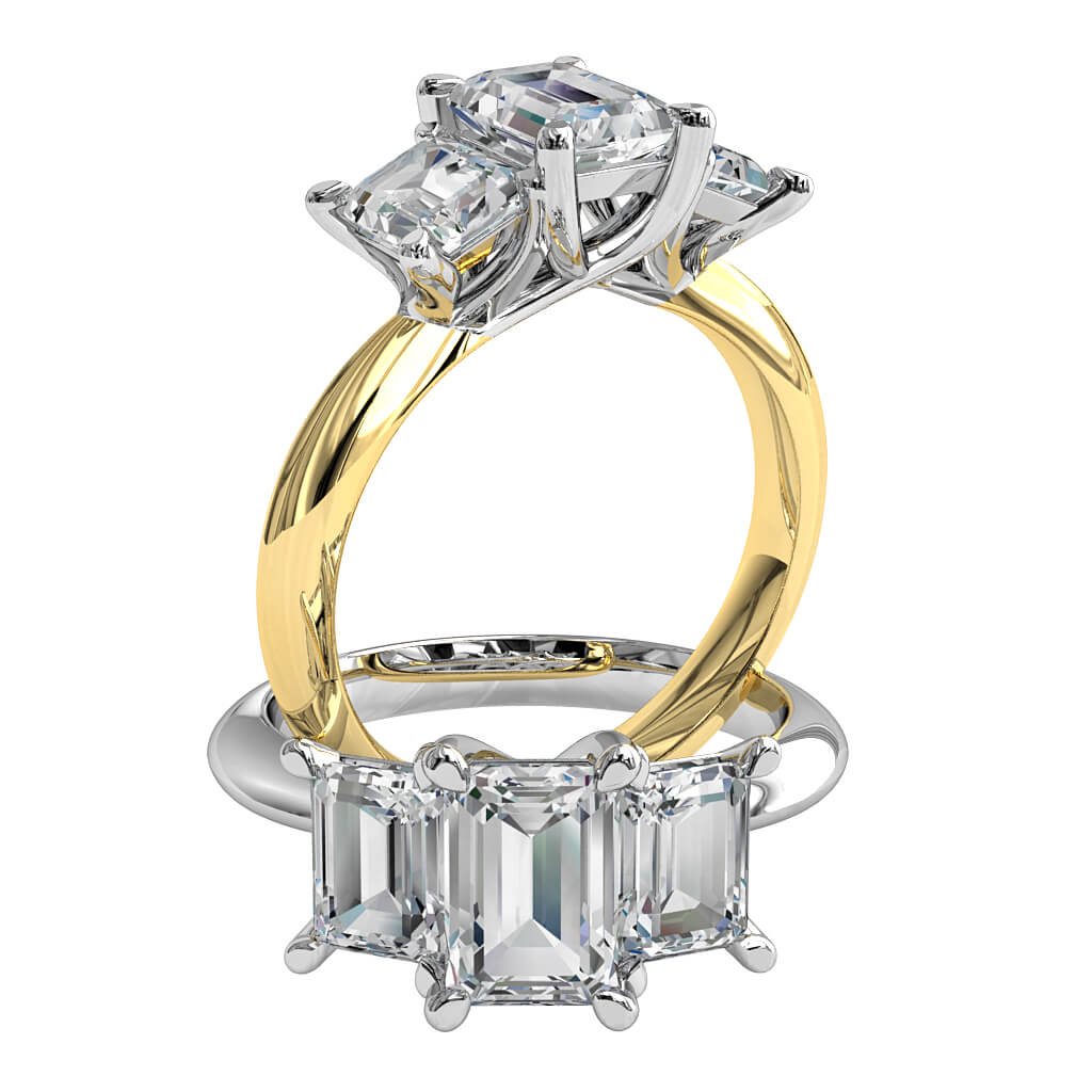 Emerald Cut Trilogy Diamond Engagement Ring, 4 Pear Claw Set with Emerald Cut Side Stones and Undersweep Setting.