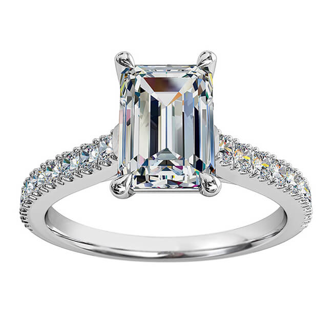 Emerald Cut Solitaire Diamond Engagement Ring, 4 Pear Claw Set on a Cut Claw Band with Undersweep Setting.