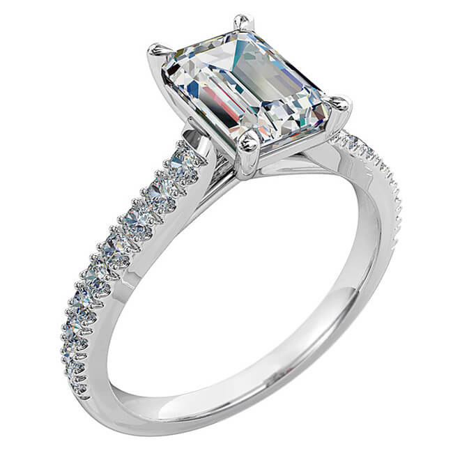 Emerald Cut Solitaire Diamond Engagement Ring, 4 Pear Claw Set on a Cut Claw Band with Undersweep Setting.