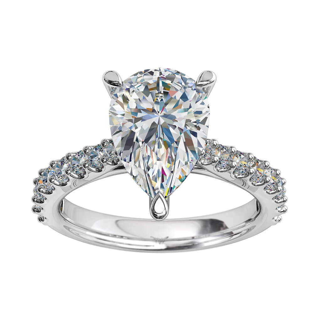 Pear Shape Solitaire Diamond Engagement Ring, 3 Pear Claws Set on a Tapered Cut Claw Band with an Undersweep Setting.