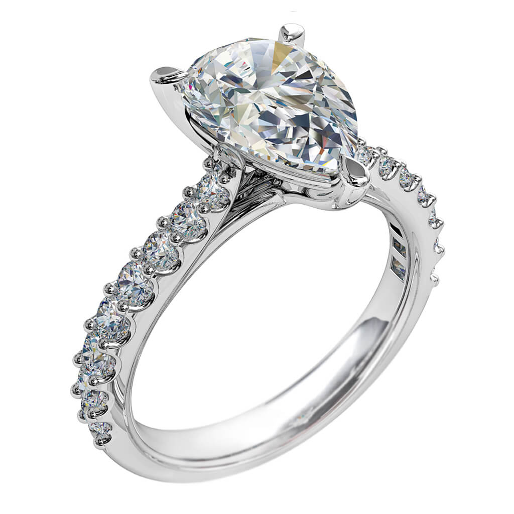 Pear Shape Solitaire Diamond Engagement Ring, 3 Pear Claws Set on a Tapered Cut Claw Band with an Undersweep Setting.