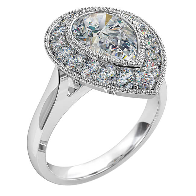 Pear Shape Halo Diamond Engagement Ring, Milgrain Bezel Set in a Milgrain Bead Set Halo on a Classic Underrail Setting.