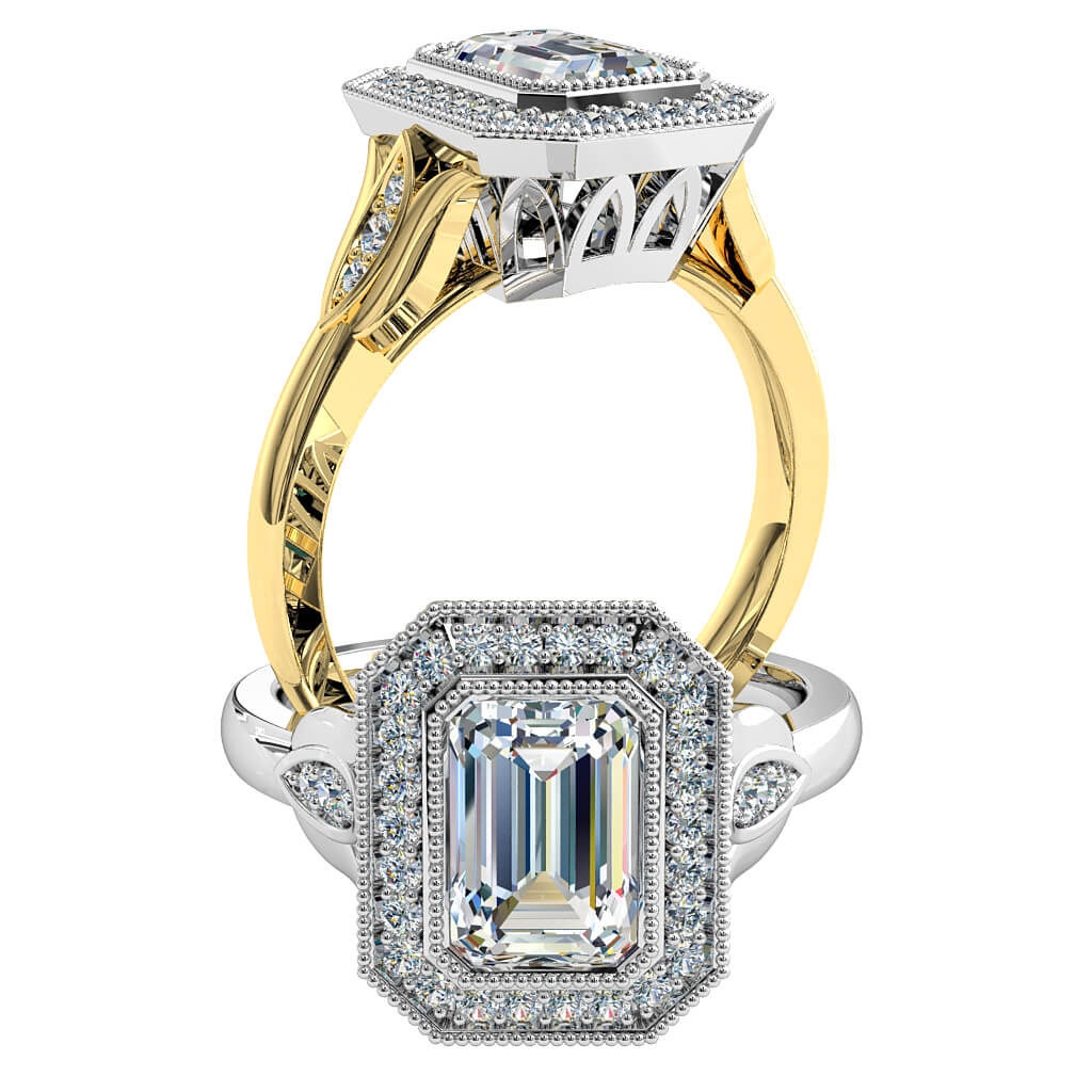 Emerald Cut Halo Diamond Engagement Ring, Milgrain Bezel in a Milgrain Bead Set Halo with Diamond Set Tulip Side Details and an Art Deco Under-basket.