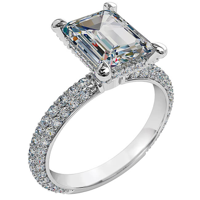 Emerald Cut Solitaire Diamond Engagement Ring, 4 Pear Claw Set on a Rolled Pave Band with Cut Claw Undersetting and Support Bar.