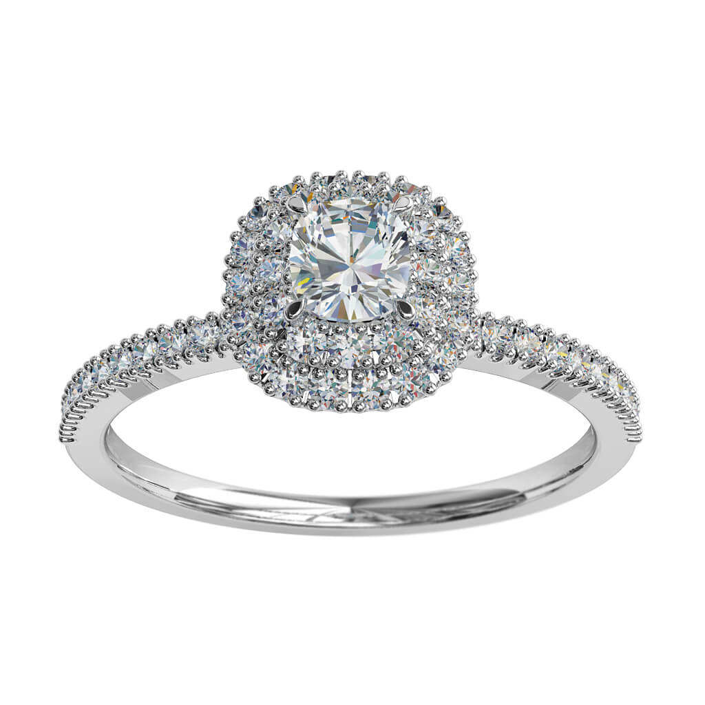 Cushion Cut Halo Diamond Engagement Ring, 4 Claws Set in a Cut Claw Double Halo on Fine Cut Claw Band.