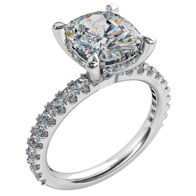 Elongated Cushion Cut Solitaire Diamond Engagement Ring, 4 Pear Claws Set on a Cut Claw Band with Diamond Support Bar.