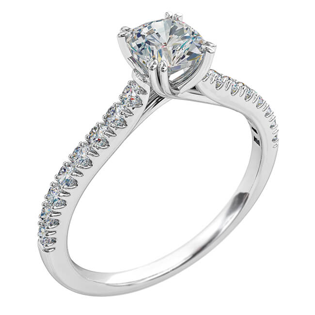 Cushion Cut Solitaire Diamond Engagement Ring, 4 Double Pear Claw Set on a Cut Claw Band with an Undersweep Setting