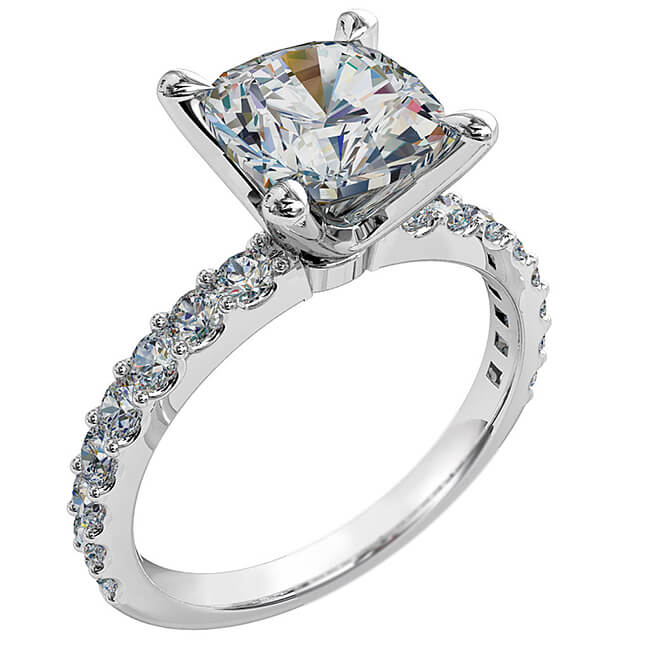 Cushion Cut Solitaire Diamond Engagement Ring, 4 Pear Claws Set on a Cut Claw Band with a Classic Raised Setting.