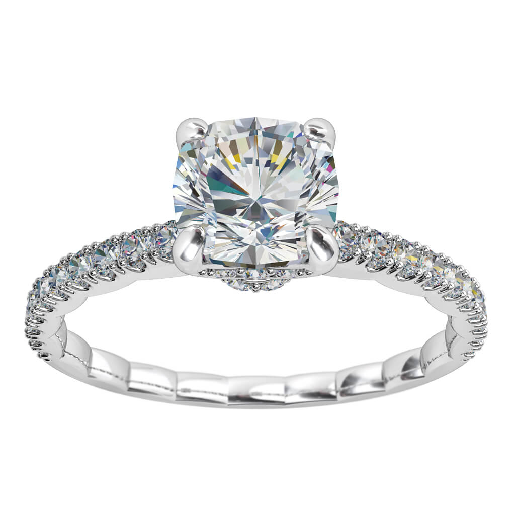 Asscher Cut Solitaire Diamond Engagement Ring, 4 Diamond Set Claws on a Cut Claw Band with Textured Band Inside.