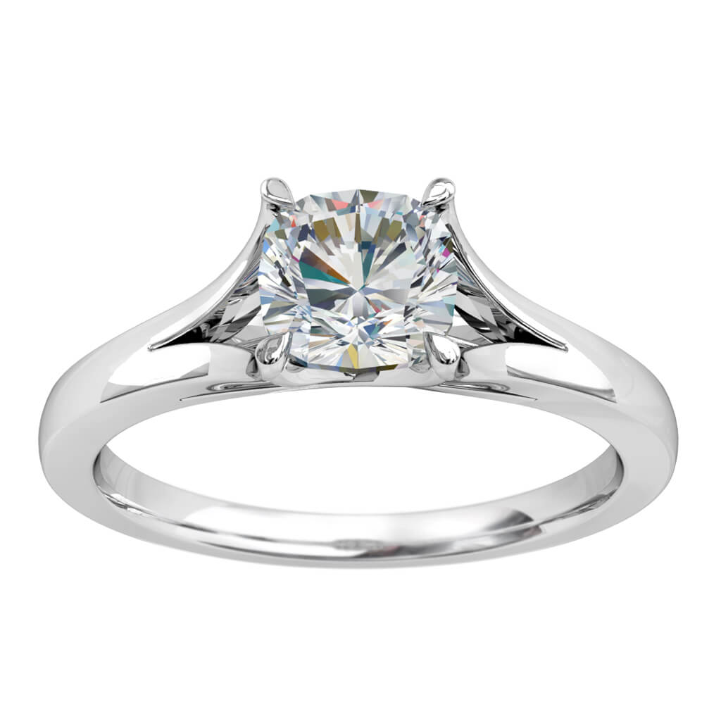 Cushion Cut Solitaire Diamond Engagement Ring, 4 Pear Claw Set on a Split Band with an Undersweep Setting.