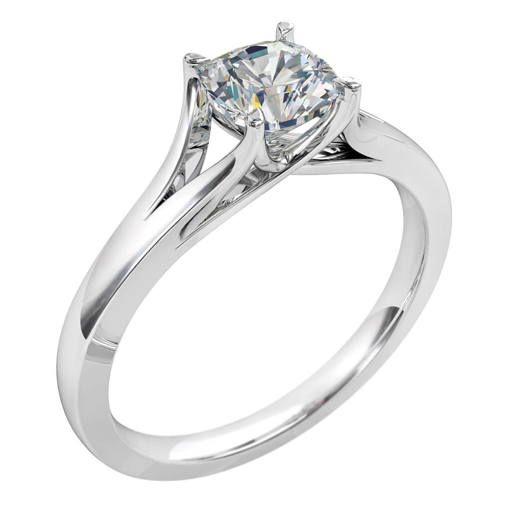 Cushion Cut Solitaire Diamond Engagement Ring, 4 Pear Claw Set on a Split Band with an Undersweep Setting.