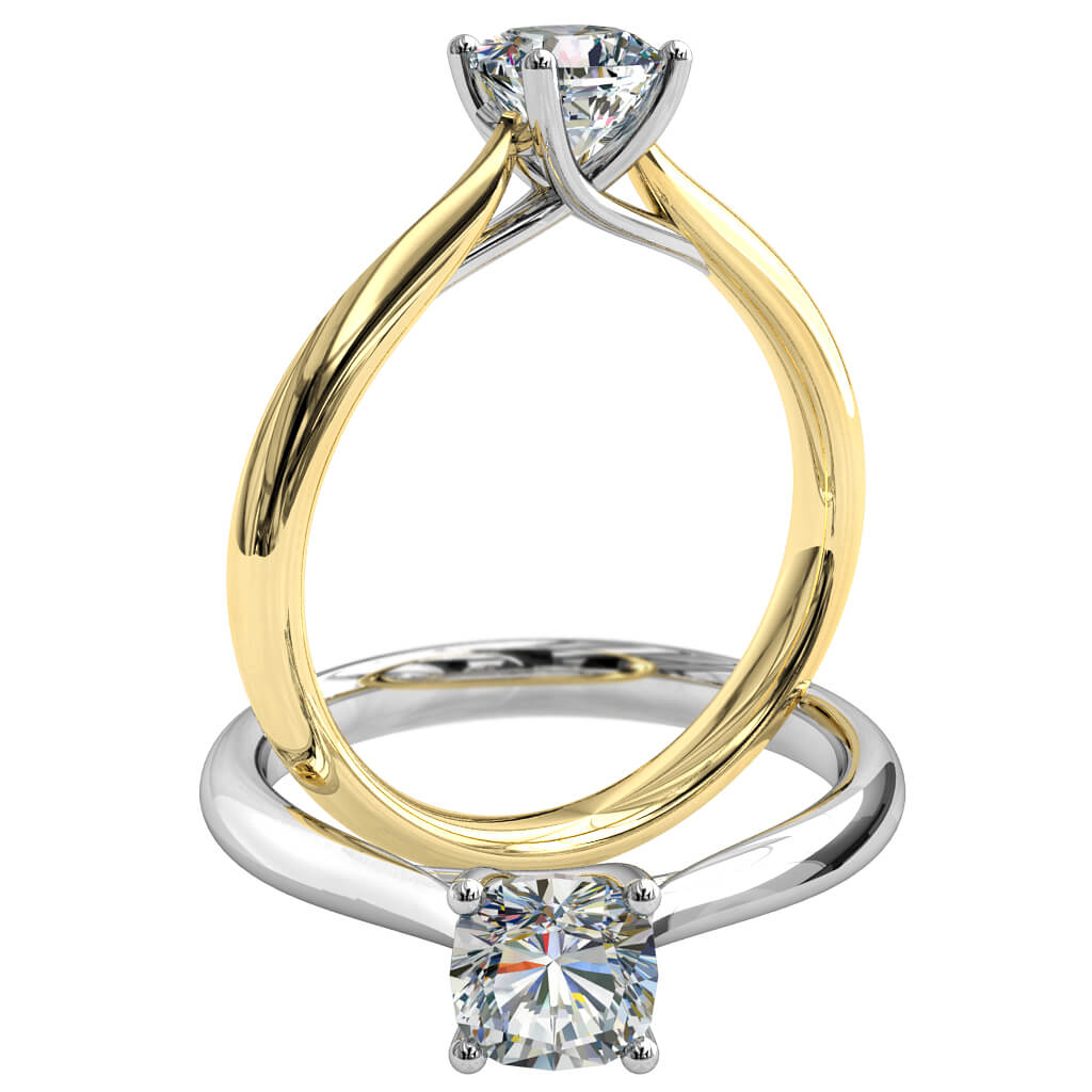 Cushion Cut Solitaire Diamond Engagement Ring, 4 Claw Set on a Round Tapered Band with an Undersweep Setting.