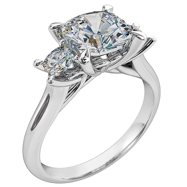 Cushion Cut Trilogy Diamond Engagement Ring, Pear Claws Set with Loop Scroll Setting Detail.
