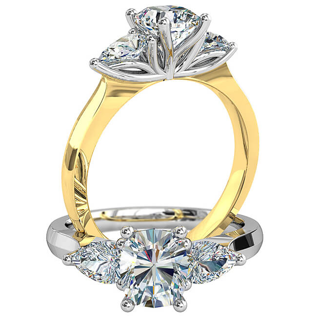 Cushion Cut Triology Diamond Engagement Ring, with Pear Side Diamonds and Lotus Setting Detail.