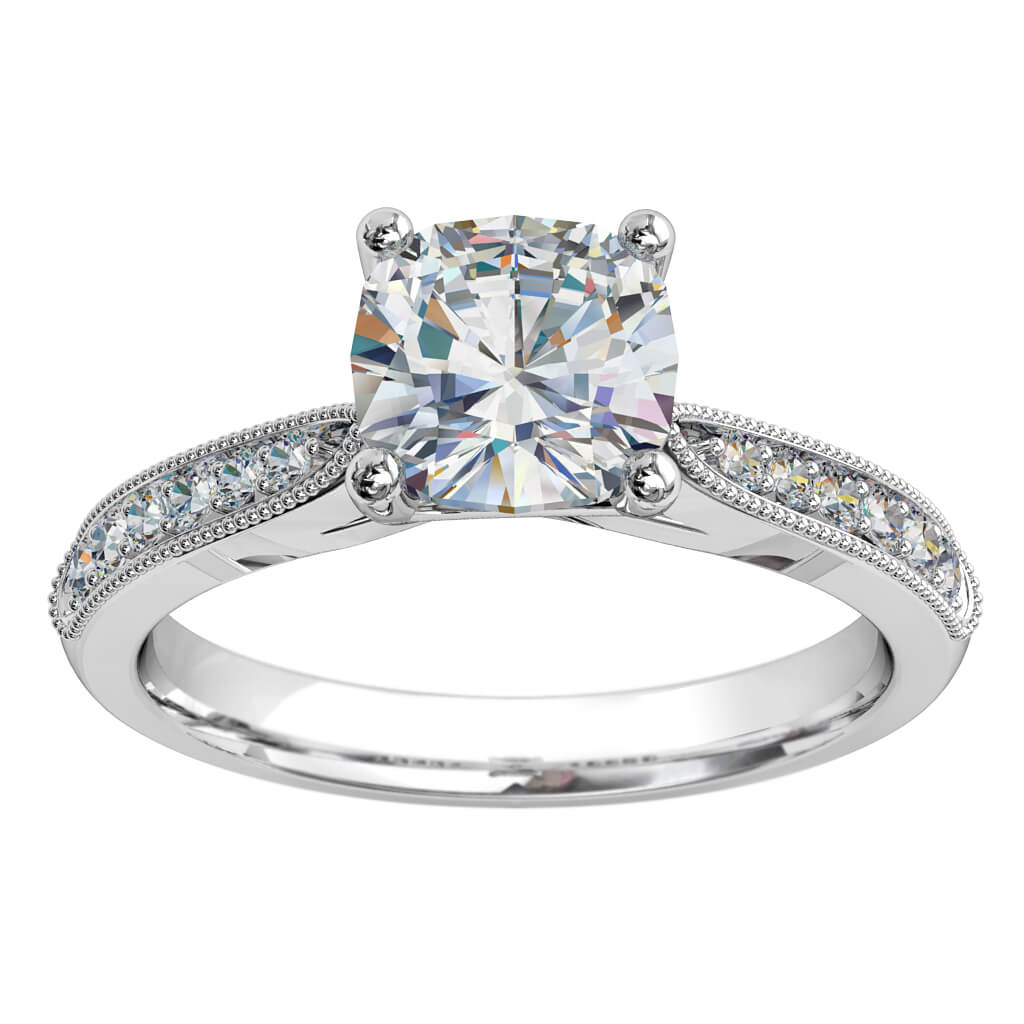 Cushion Cut Solitaire Diamond Engagement Ring, 4 Claw Set on a Milgrain Bead Set Tapered Band with an Undersweep Setting.