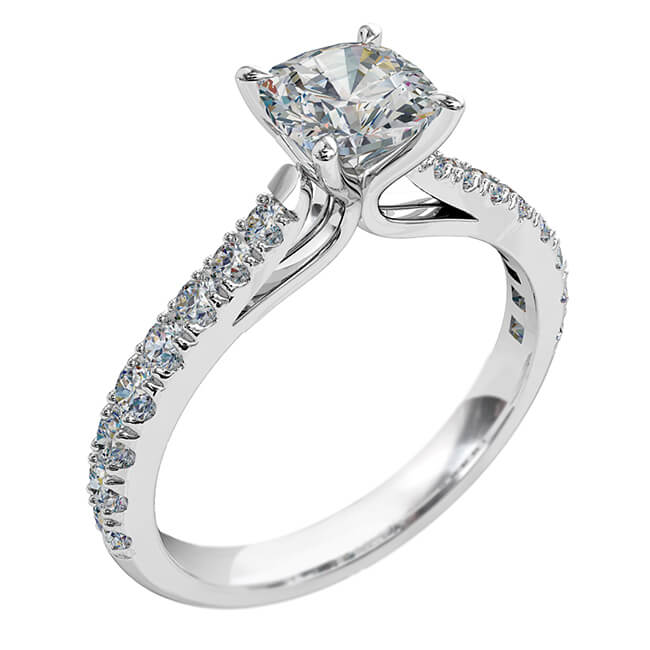 Cushion Cut Solitaire Diamond Engagement Ring, 4 Pear Claw Set on a Tapered Cut Claw Band with Fountain Undersetting.