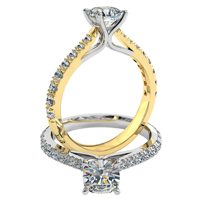 Cushion Cut Solitaire Diamond Engagement Ring, 4 Pear Claw Set on a Tapered Cut Claw Band with Fountain Undersetting.