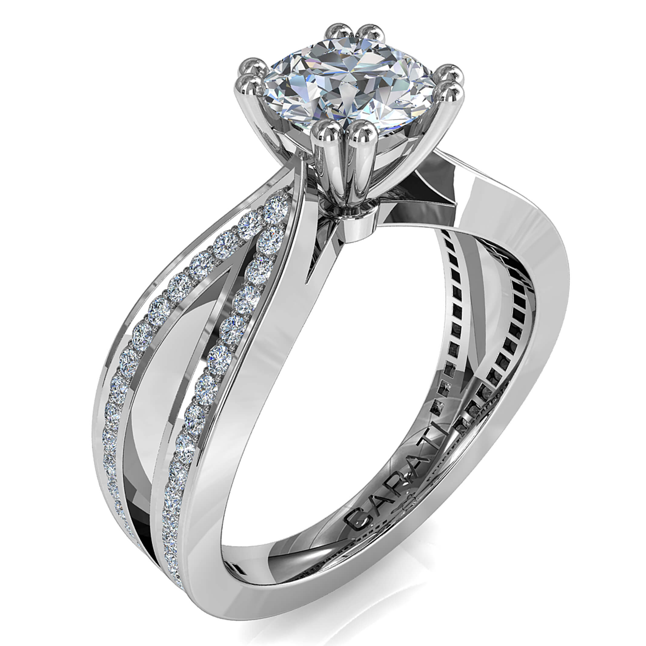 Round Brilliant Cut Diamond Solitaire Engagement Ring, 4 Double Claw Set on a Bead Set Bow Shaped Band.