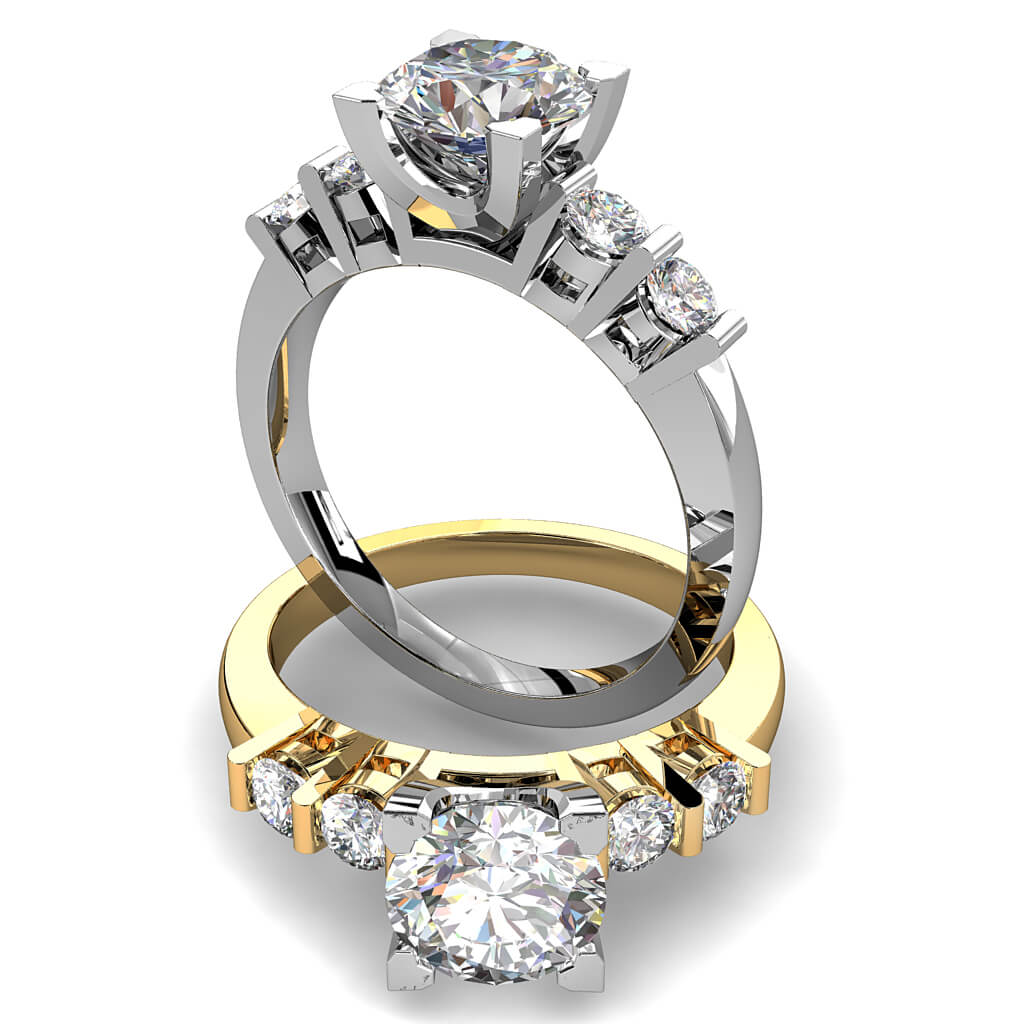 Round Brilliant Cut Solitaire Diamond Engagement Ring, 4 Triangle Claws Set with Tension Set Side Stones.
