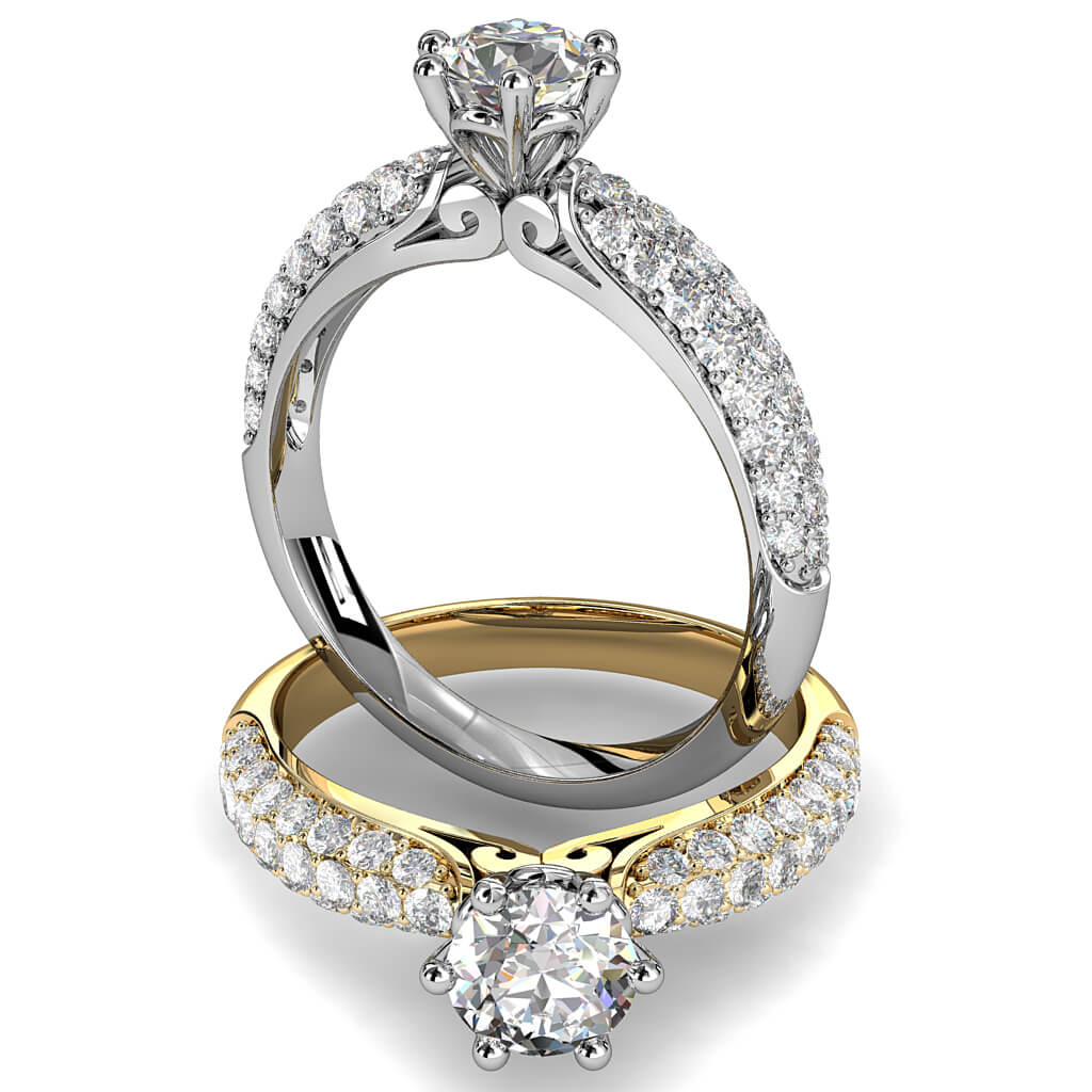 Round Brilliant Cut Solitaire Diamond Engagement Ring, 6 Claws Set on Three Row Pavé Dome Band with Scrolled Undersetting.