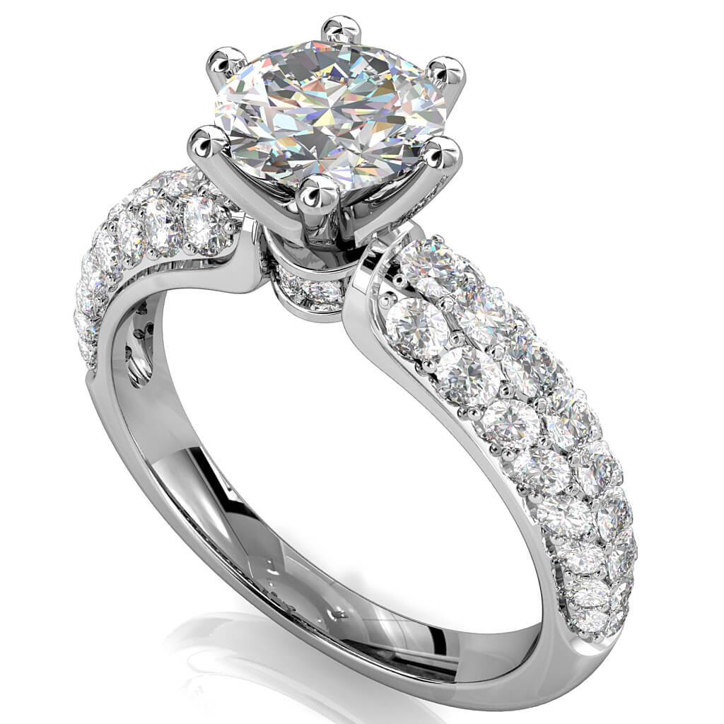Round Brilliant Cut Solitaire Diamond Engagement Ring, 6 Claws Set on Tapered Three Row Pavé Band with Diamond Circle Undersetting.