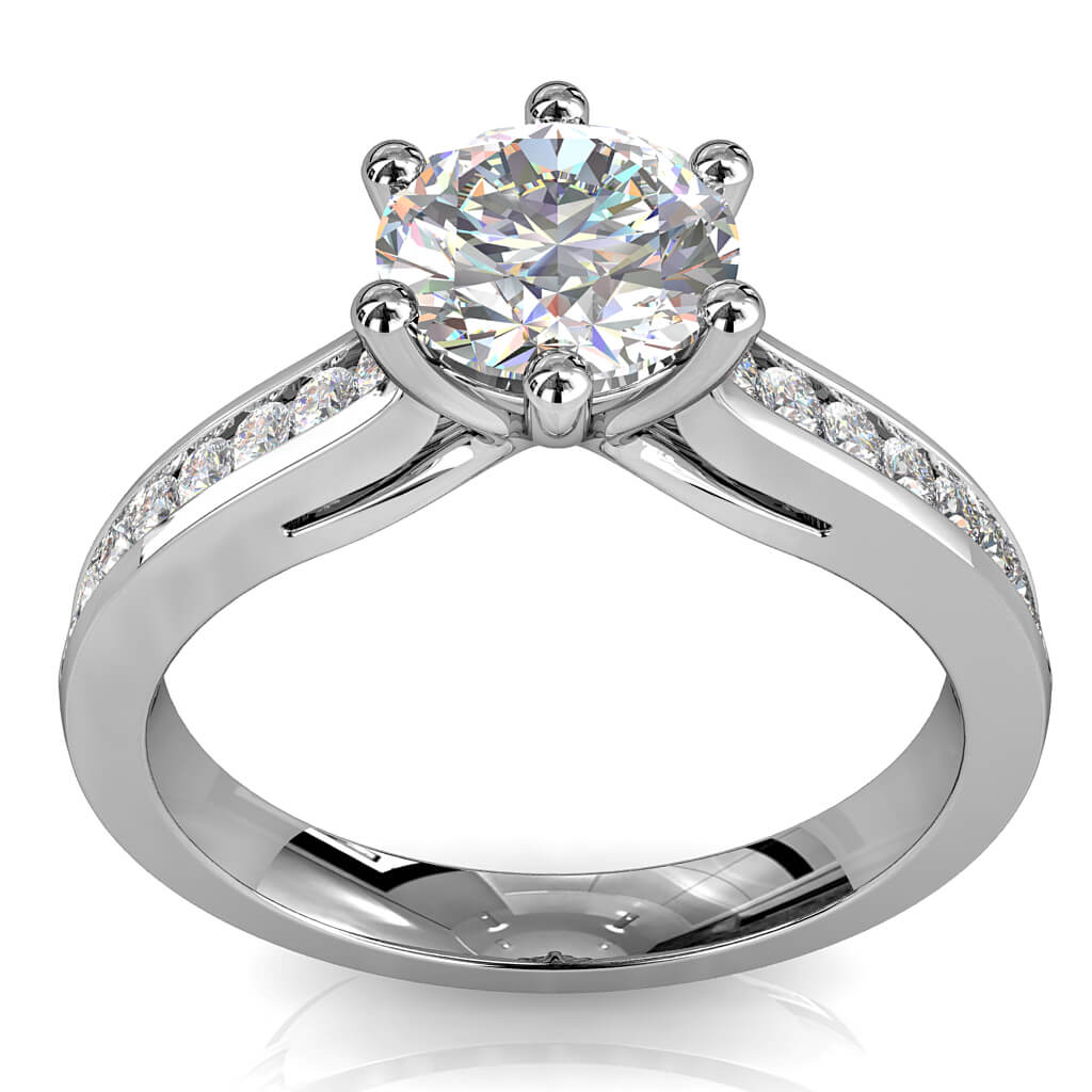 Round Brilliant Cut Solitaire Diamond Engagement Ring, 6 Button Claws Set on Straight Channel Set Band with Fountain Undersetting.