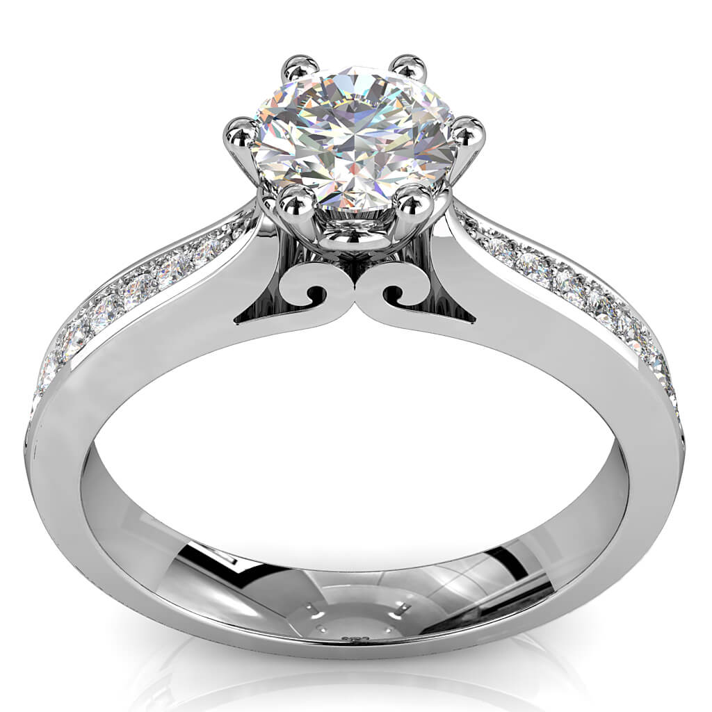 Round Brilliant Cut Solitaire Diamond Engagement Ring, 6 Claws Set on Tapered Bead Set Band with Loop Undersetting Details.