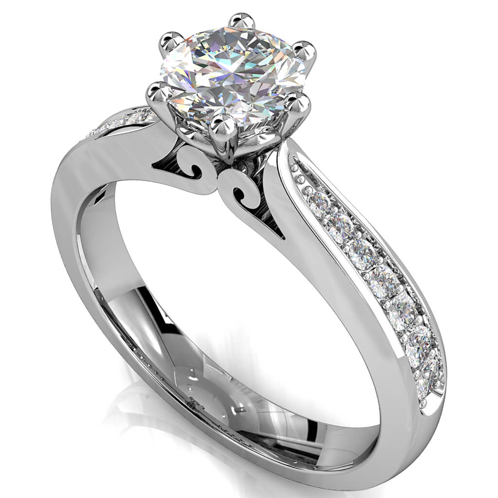 Round Brilliant Cut Solitaire Diamond Engagement Ring, 6 Claws Set on Tapered Bead Set Band with Loop Undersetting Details.