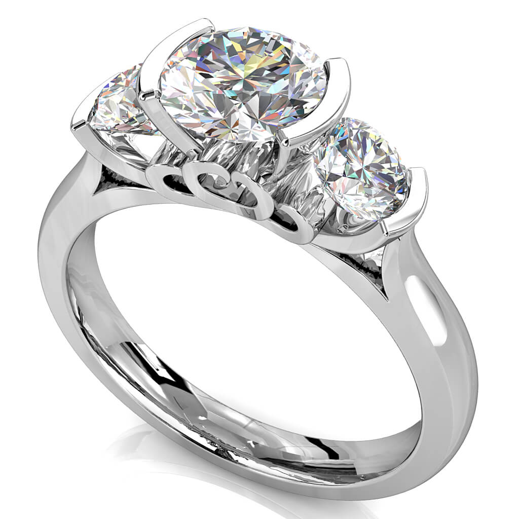 Round Brilliant Cut Diamond Trilogy Engagement Ring, Semi Bezel Tension Set with a Heart Undersetting.